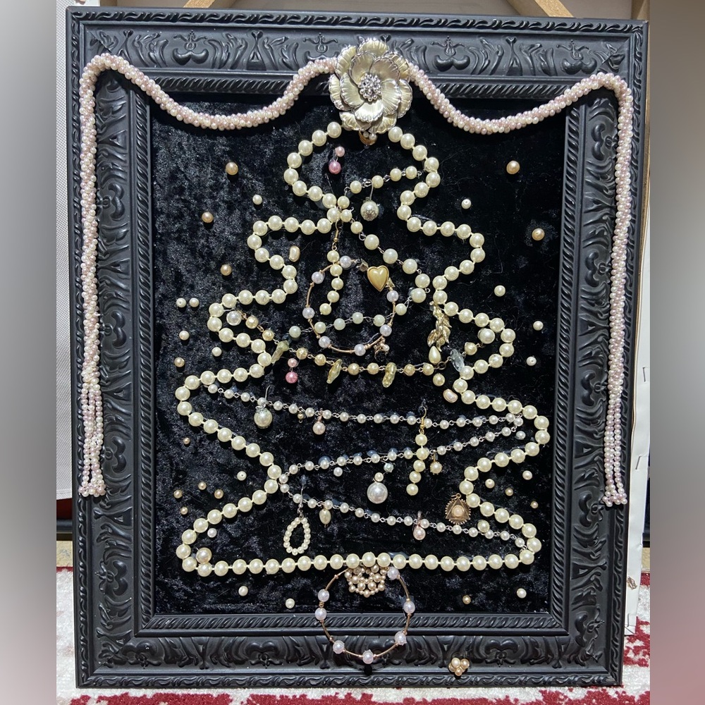 OOAK Handmade Framed Vintage & Modern Costume Jewelry Christmas Tree Mosaic Art.
